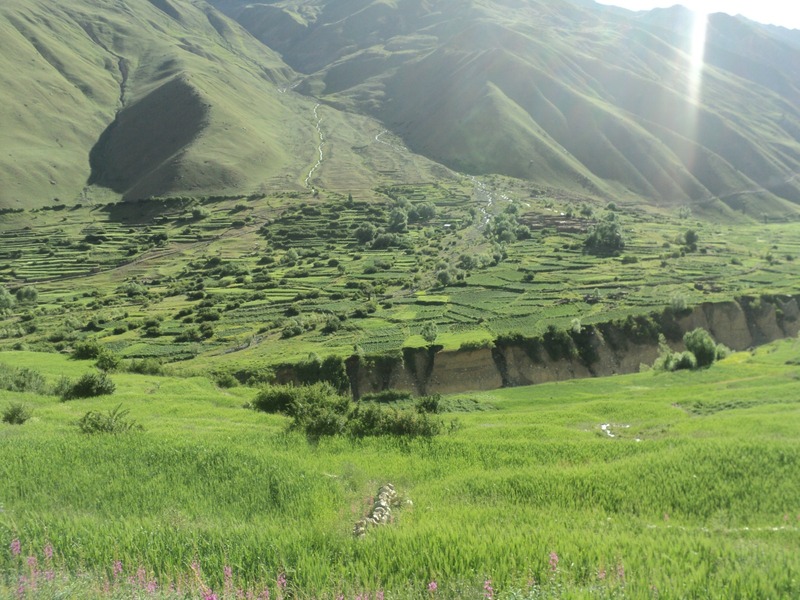 Rolling green meadows with a few scattered settlements in a remote mountainous region.